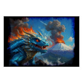 Poster Dragon bleu chinois et volcan (Devant)