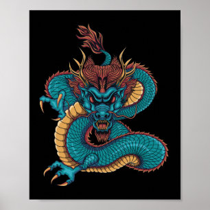 Poster dragon chinois bleu