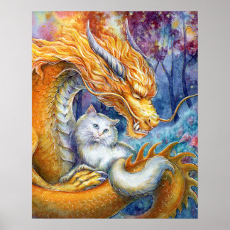 Poster Dragon Chinois & Chat Blanc dans la Forêt Aquarell
