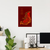 Poster Dragon chinois dessin rouge et or (Bureau à domicile)