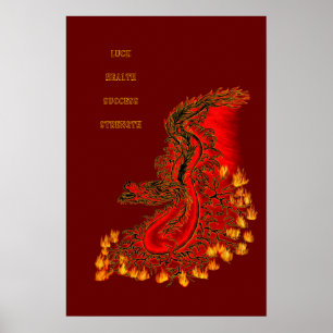 Poster Dragon chinois dessin rouge et or