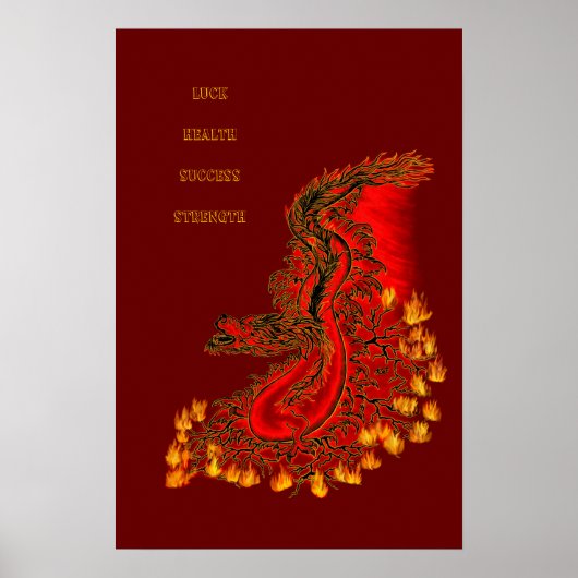 Poster Dragon chinois dessin rouge et or (Devant)