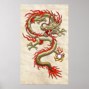 Poster Dragon chinois d'or Fucanglong sur papier de riz