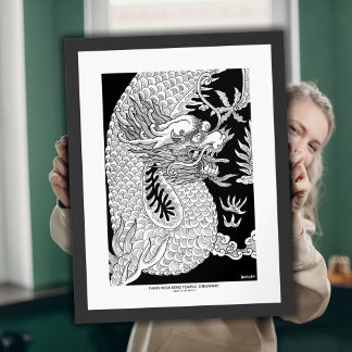 Poster Dragon Chinois Esquisse à l'encre noire et blanche