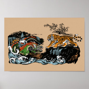 Poster Dragon chinois et tigre