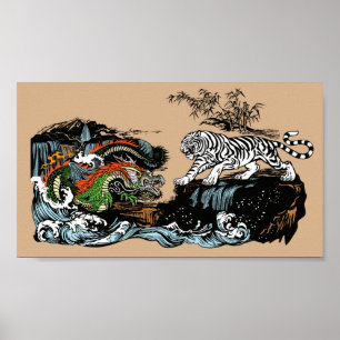 Poster Dragon chinois et tigre