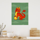 Poster Dragon Chinois Rouge sur Fond Vert (Cuisine)