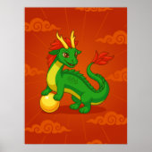 Poster Dragon Chinois Vert sur Fond Rouge (Devant)