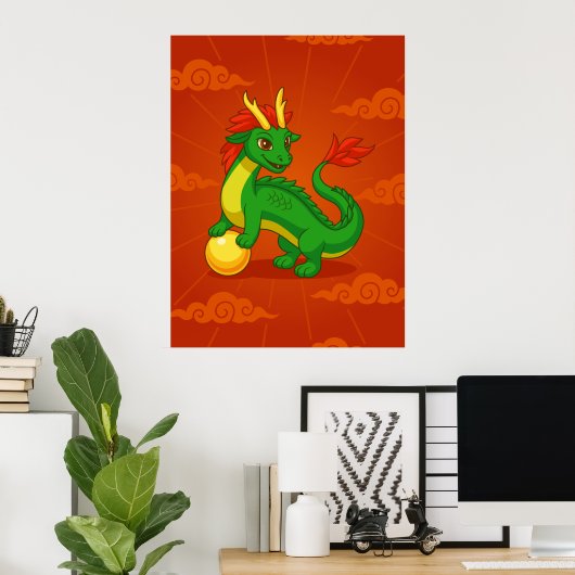Poster Dragon Chinois Vert sur Fond Rouge (Bureau à domicile)