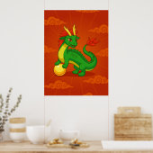 Poster Dragon Chinois Vert sur Fond Rouge (Cuisine)