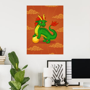 Poster Dragon Chinois Vert sur Fond Rouge