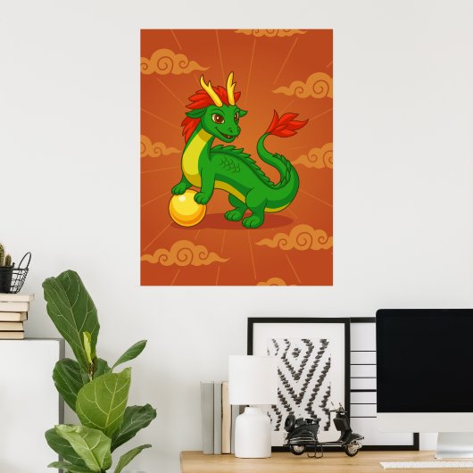 Poster Dragon Chinois Vert sur Fond Rouge (Bureau à domicile)