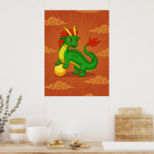 Poster Dragon Chinois Vert sur Fond Rouge (Cuisine)