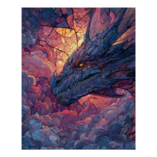 Poster Dragon cosmique du crépuscule enflammé - Art fanta