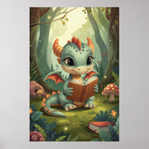 Poster Dragon de bébé vert aquarelle en forêt