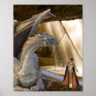 Poster Dragon de bronze avec reine Elfe de fée