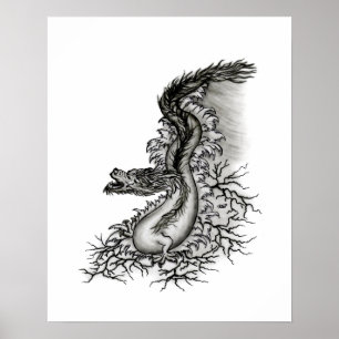 Poster Dragon de Chine, dessin noir et blanc dans le styl