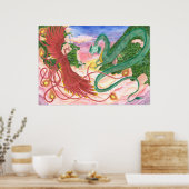Poster Dragon de coucher de soleil de forêt et Phoenix (Cuisine)