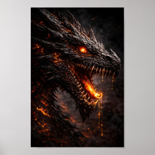 Poster Dragon de feu noir féroce avec œil de braise brill