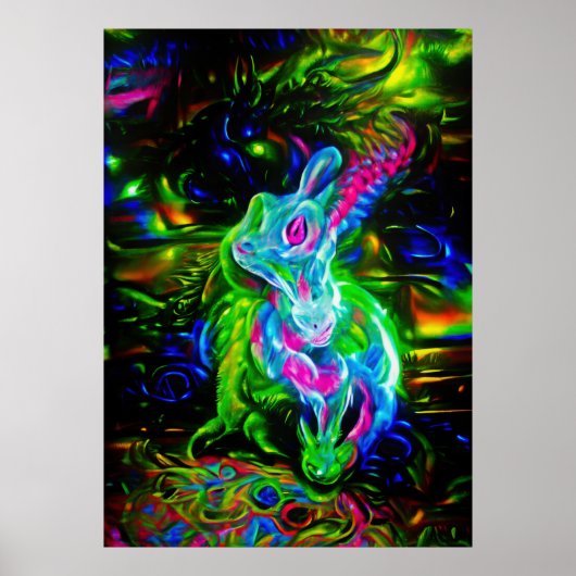 Poster Dragon de lapin psychédélique à Neon Imaginaire (Devant)