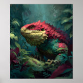 Poster Dragon de lézard vert rouge dans le feuillage de l (Devant)