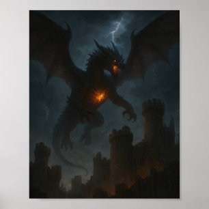 Poster Dragon d'Inferno au-dessus d'un château sombre