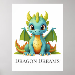 Poster Dragon Dreams Vert Bleu Chambre de Bébé Dragon