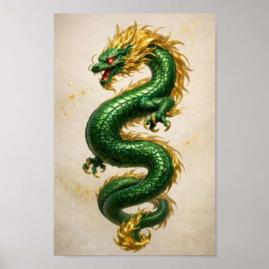 Poster Dragon Emeraude à Crinière Dorée – Créature Mythiq (Devant)