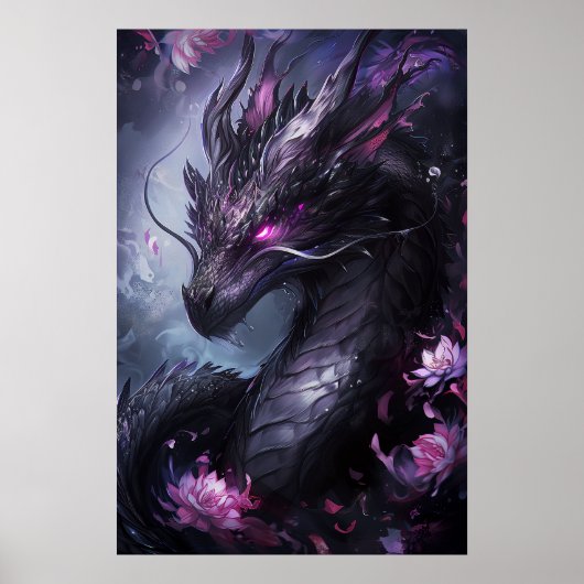 Poster Dragon en acier en fleurs - Cool foncé (Devant)