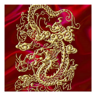 Poster Dragon en or en relief sur impression de satin rou