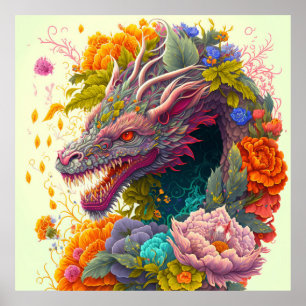 Poster Dragon floral coloré