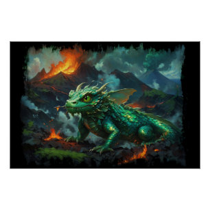 Poster Dragon hawaïen se réchauffant sur la lave