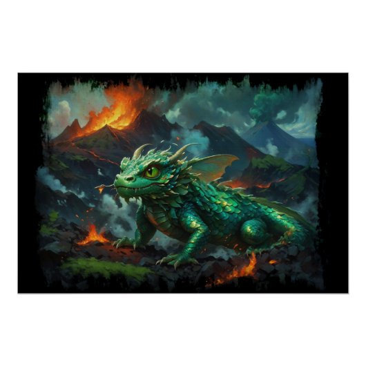 Poster Dragon hawaïen se réchauffant sur la lave (Devant)