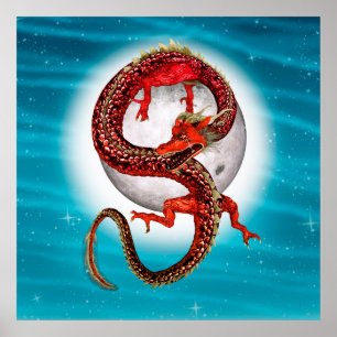 Poster Dragon Lune Rouge Fantaisie Céleste Artistique