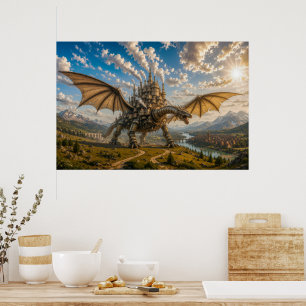 Poster Dragon mécanique transportant une ville de château