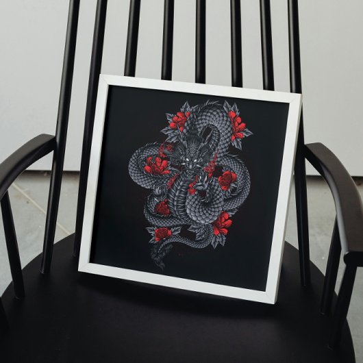 Poster Dragon noir, Roses rouges