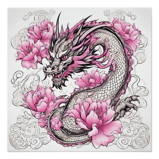 Poster Dragon Oriental aux Fleurs Roses Vibrantes (Devant)