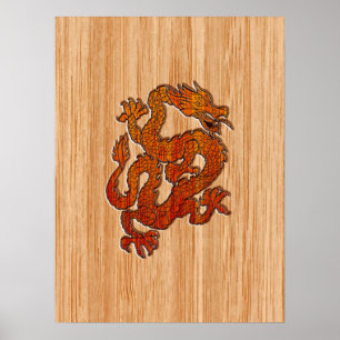 Poster Dragon Oriental Rouge en Bambou