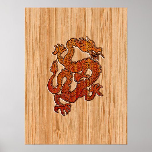 Poster Dragon Oriental Rouge en Bambou (Devant)