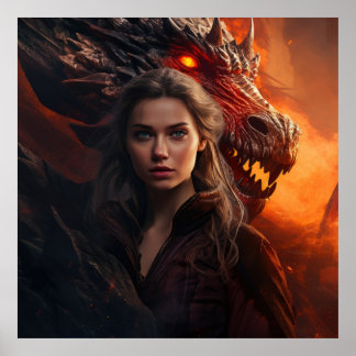 Poster Dragon Queen Portrait — Femme Imaginaire et Dragon