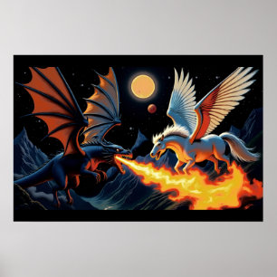 Poster Dragon qui souffle du feu et Pégase