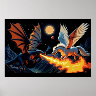 Poster Dragon qui souffle du feu et Pégase