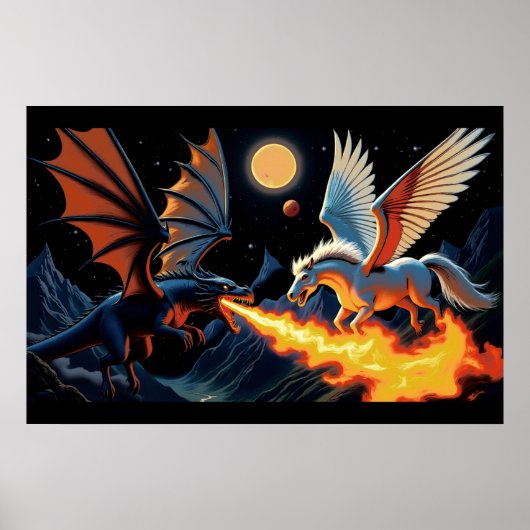 Poster Dragon qui souffle du feu et Pégase (Devant)