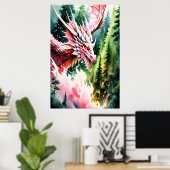 Poster Dragon respirant le feu vibrante écailles roses (Bureau à domicile)