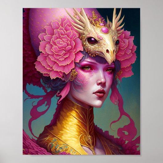 Poster Dragon rose Crâne Femme Imaginaire Art (Devant)