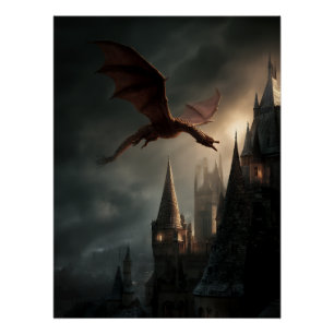 Poster Dragon Rouge Sur Château Gothique