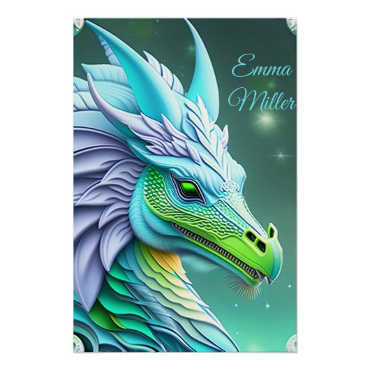 Poster Dragon turquoise, art numérique fantaisiste (Devant)