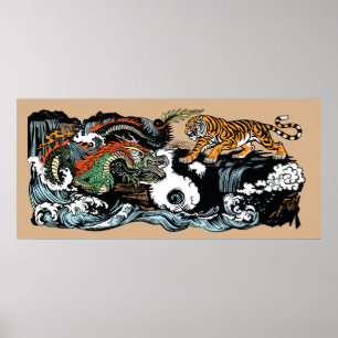 Poster Dragon vert chinois contre Tigre