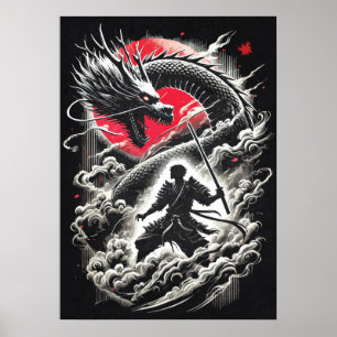 Poster Dragon vs guerrier samouraï - Tatouage japonais