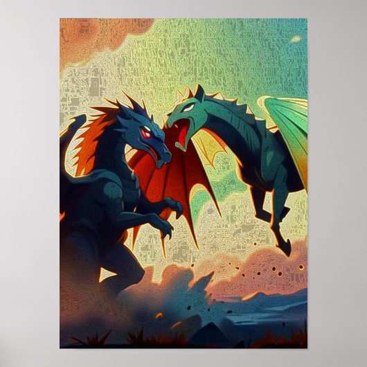 Poster Dragon vs Pegasus - Fantasy Art (Devant)